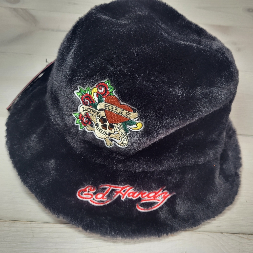 Ed Hardy Bucket Hat Black Faux Fur Cozy Winter